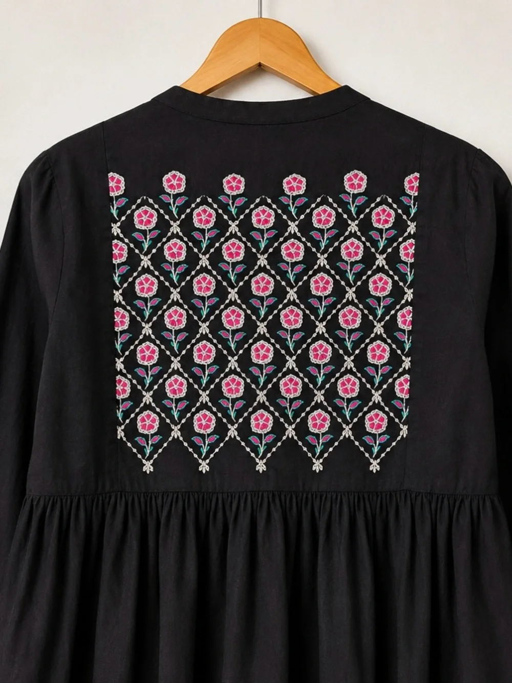 EGO Boho Embroidered Black Tunic Pom Pom Tie Open Front Balloon Sleeve S